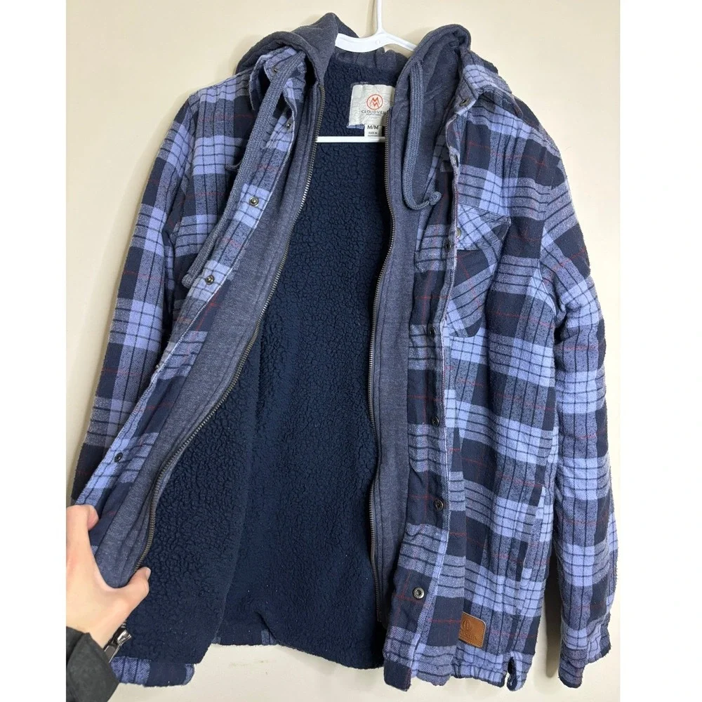 Cloudveil Mens Blue Plaid Sherpa‎ Lined Hooded Flannel Shirt Jacket Medium